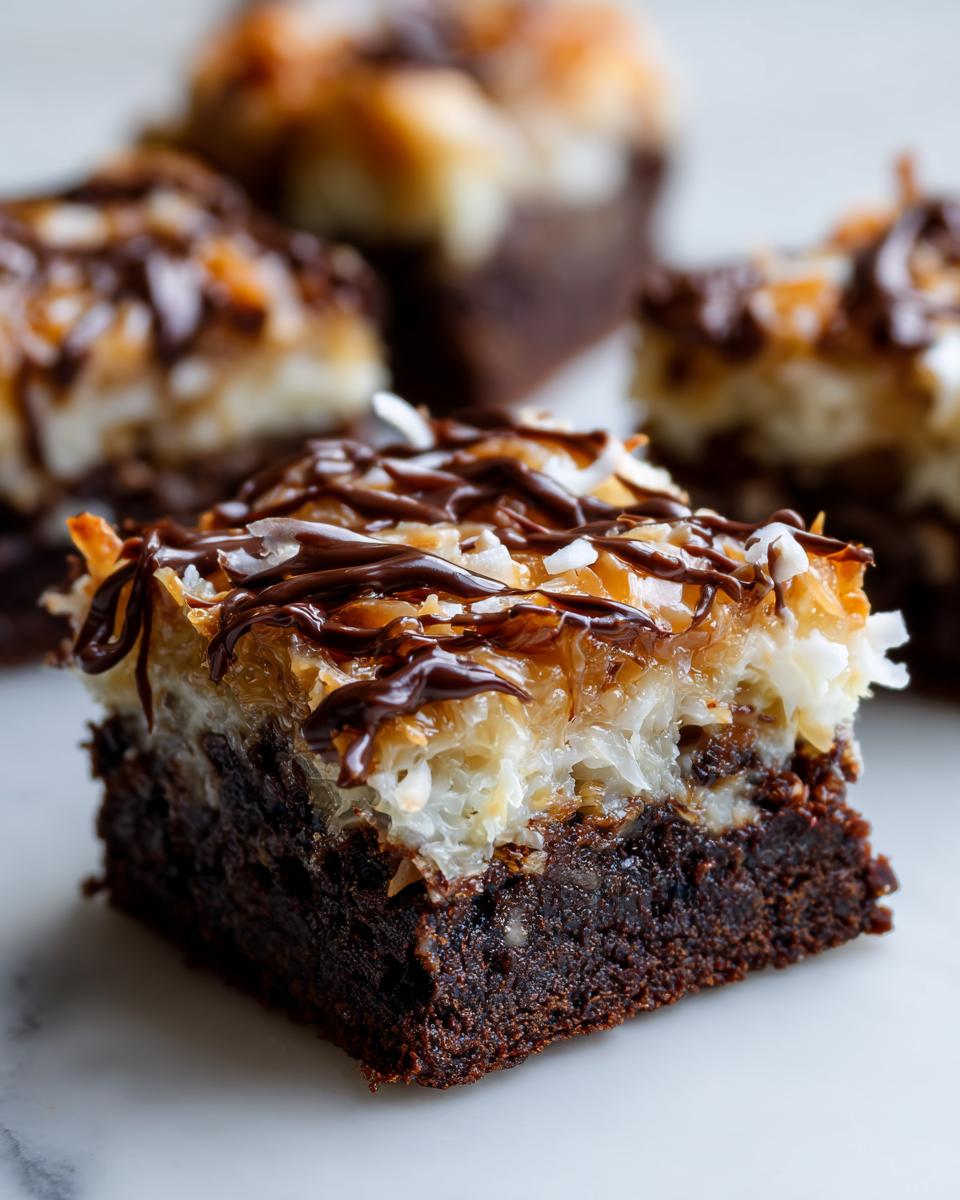 A close-up of a rich, fudgy samoa brownies square topped with toasted coconut, caramel, and a chocolate drizzle.