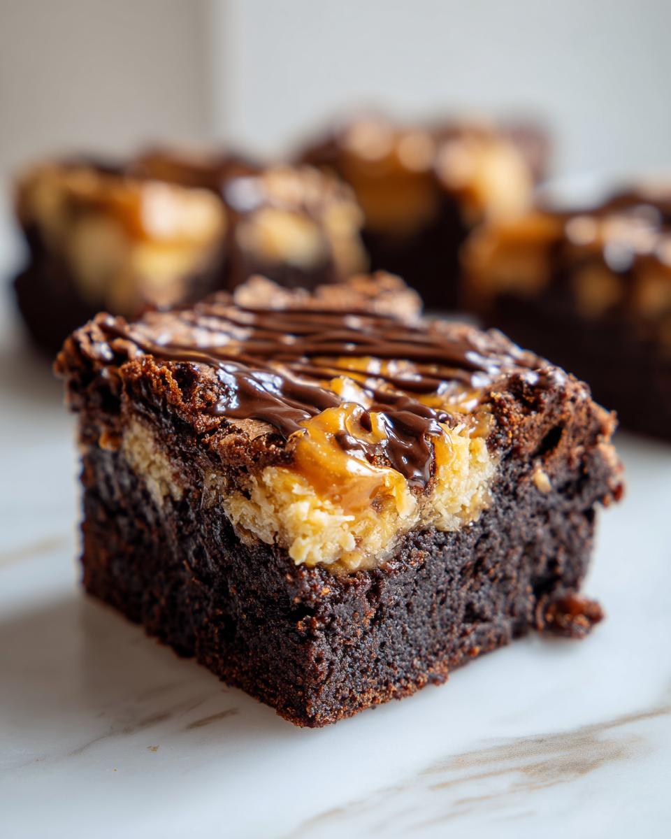 A close-up, cross-section view of a rich, dark chocolate samoa brownies square topped with caramel, coconut, and a chocolate drizzle.
