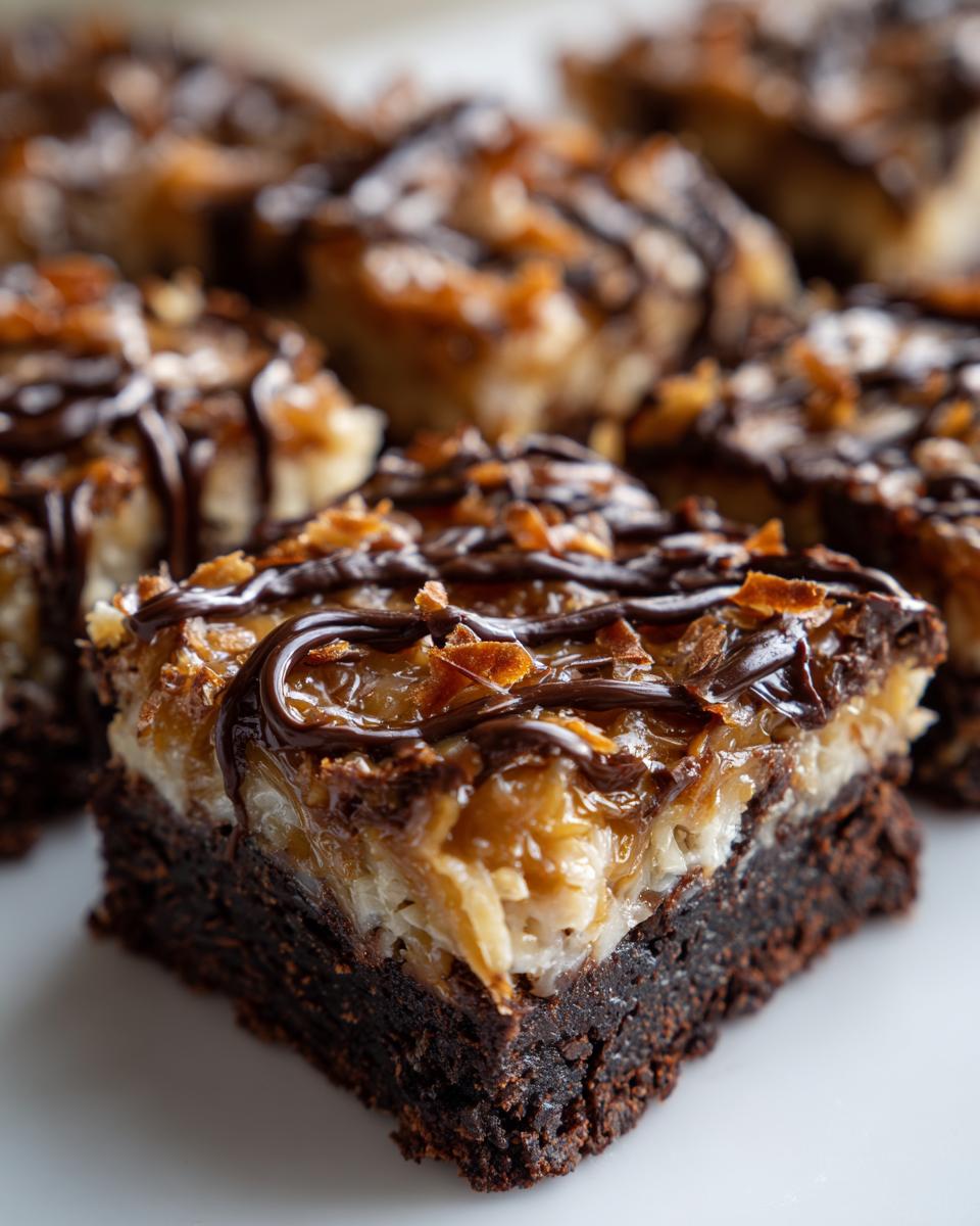 A close-up shot of a single, decadent samoa brownies square showing the dark chocolate base and thick coconut-caramel topping with a chocolate drizzle.