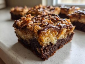 A close-up view of a rich, layered samoa brownies square with a thick coconut-caramel topping and chocolate drizzle.