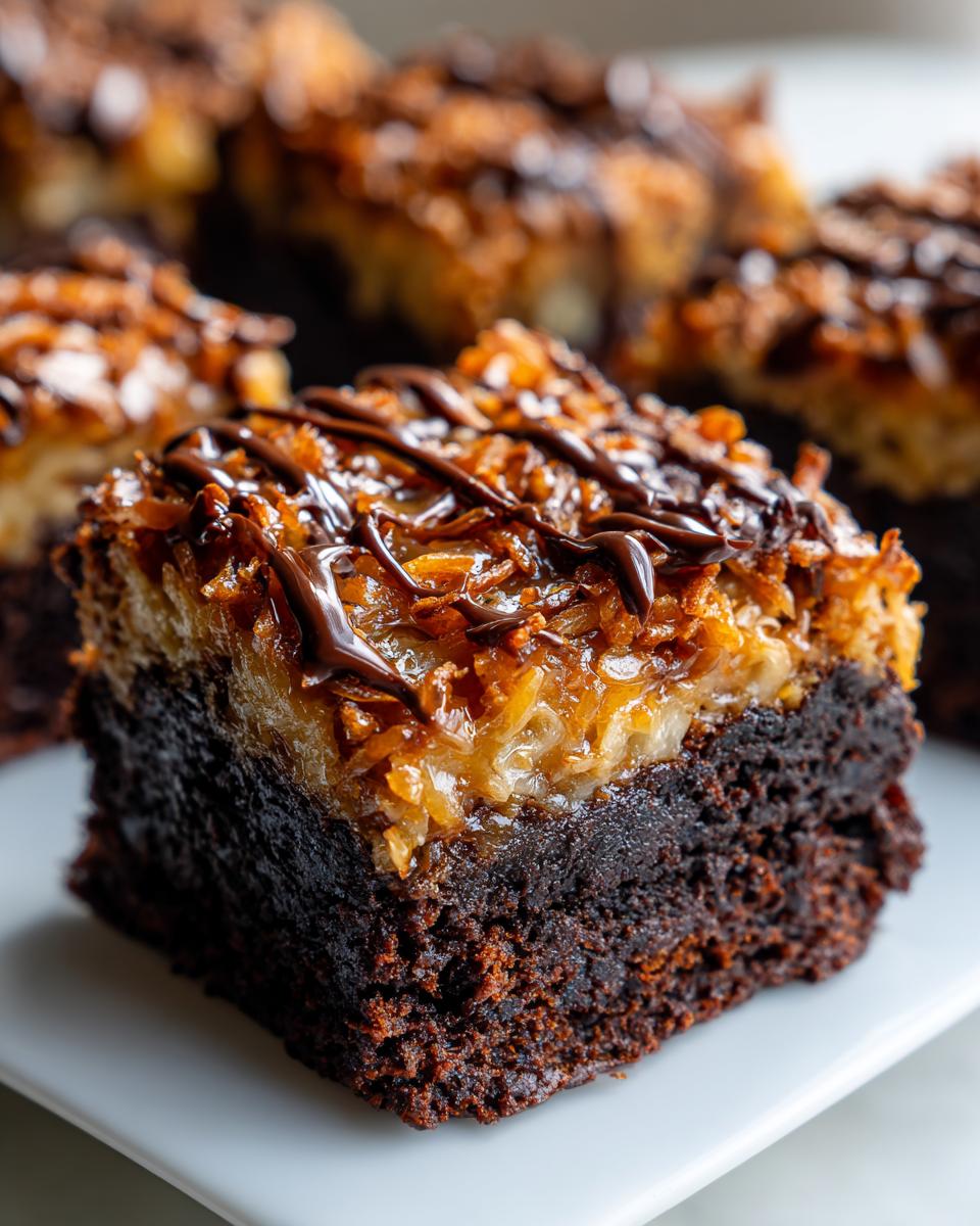 A close-up of one square of samoa brownies featuring a dark chocolate base, a thick layer of toasted coconut caramel, and a chocolate drizzle.