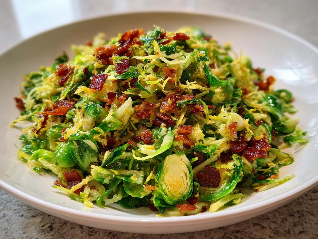A close-up of Sautéed Shredded Brussels Sprouts topped generously with crispy bacon bits in a white bowl.