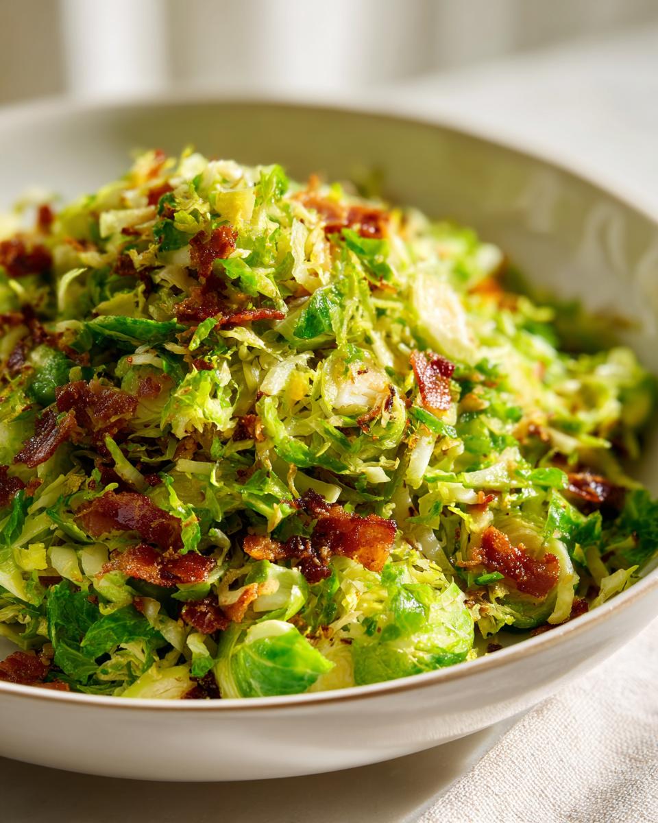 A close-up of a bowl filled with bright green Sautéed Shredded Brussels Sprouts topped with crispy bacon pieces.