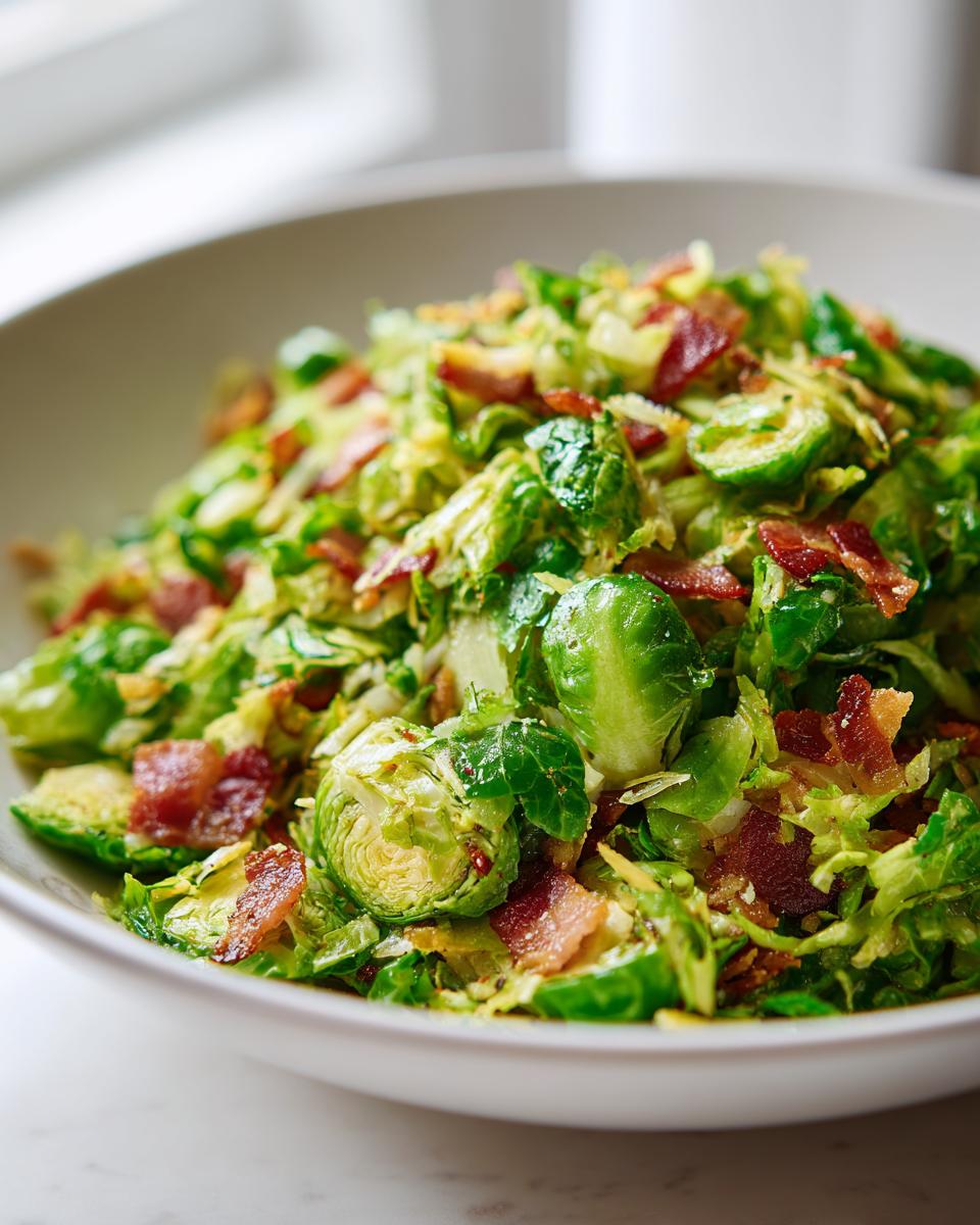 Close-up of a bowl filled with vibrant Sautéed Shredded Brussels Sprouts mixed with crispy bacon pieces.