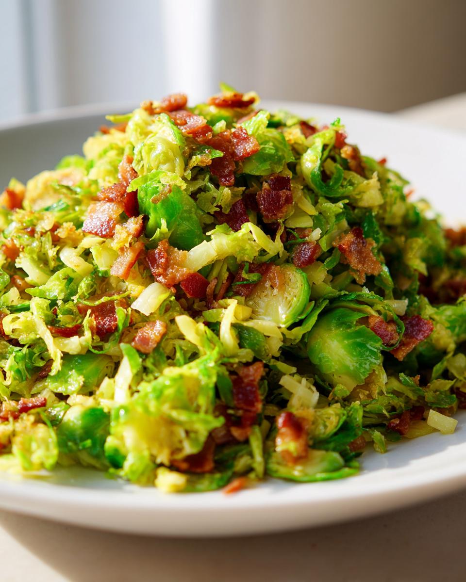 A close-up of vibrant Sautéed Shredded Brussels Sprouts mixed with crispy bacon bits served on a white plate.