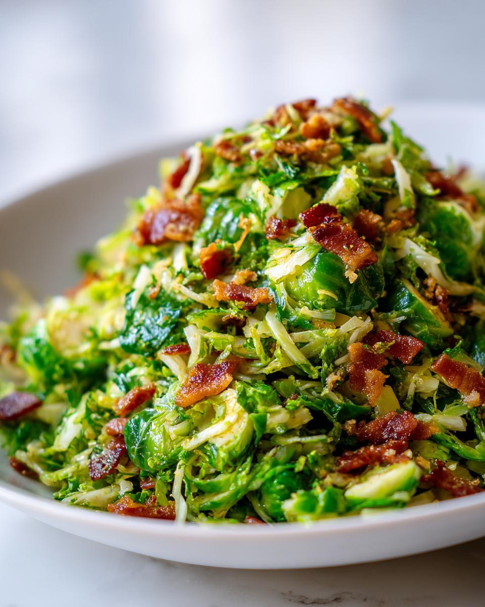 Close-up of a bowl piled high with Sautéed Shredded Brussels Sprouts topped with crispy bacon pieces.