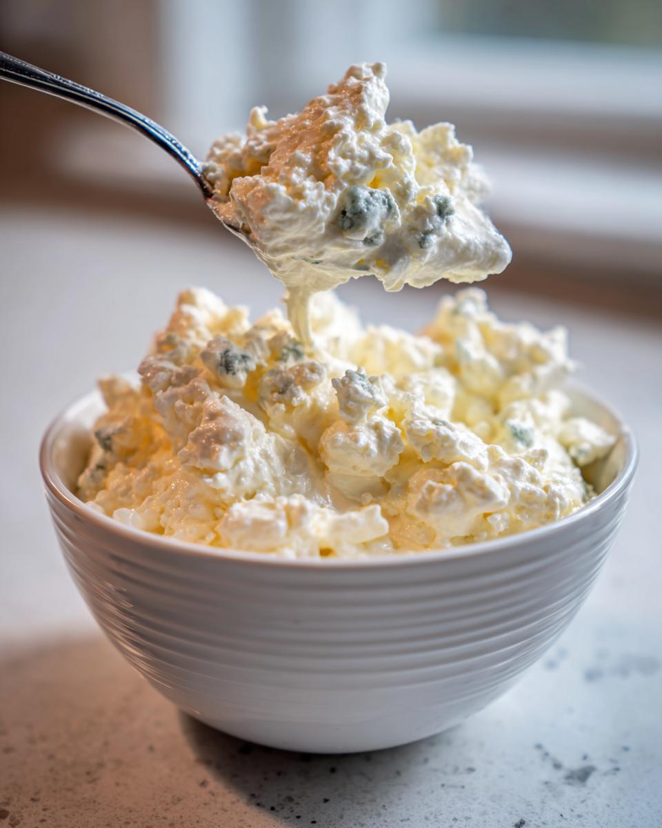 A spoonful of chunky, creamy blue cheese dip being lifted from a white bowl full of the dip.