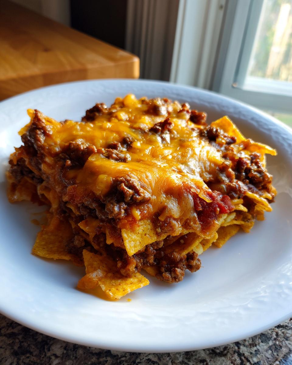 A close-up serving of Frito Pie casserole featuring layers of chips, seasoned ground beef, and melted cheddar cheese.
