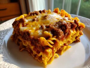 A close-up serving of Frito pie casserole layered with chili, cheese, and corn chips on a white plate.
