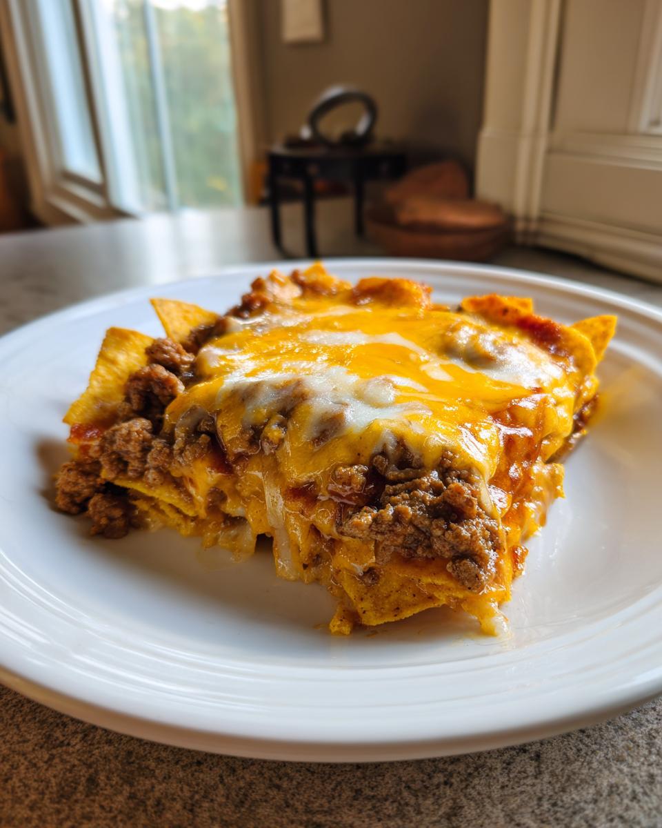 A close-up serving of Frito pie casserole featuring layers of seasoned ground beef, corn chips, and melted cheddar and Monterey Jack cheese.