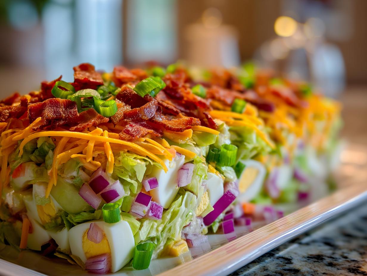 Close-up of a rectangular portion of seven layer salad topped with bacon, shredded cheese, and green onions.