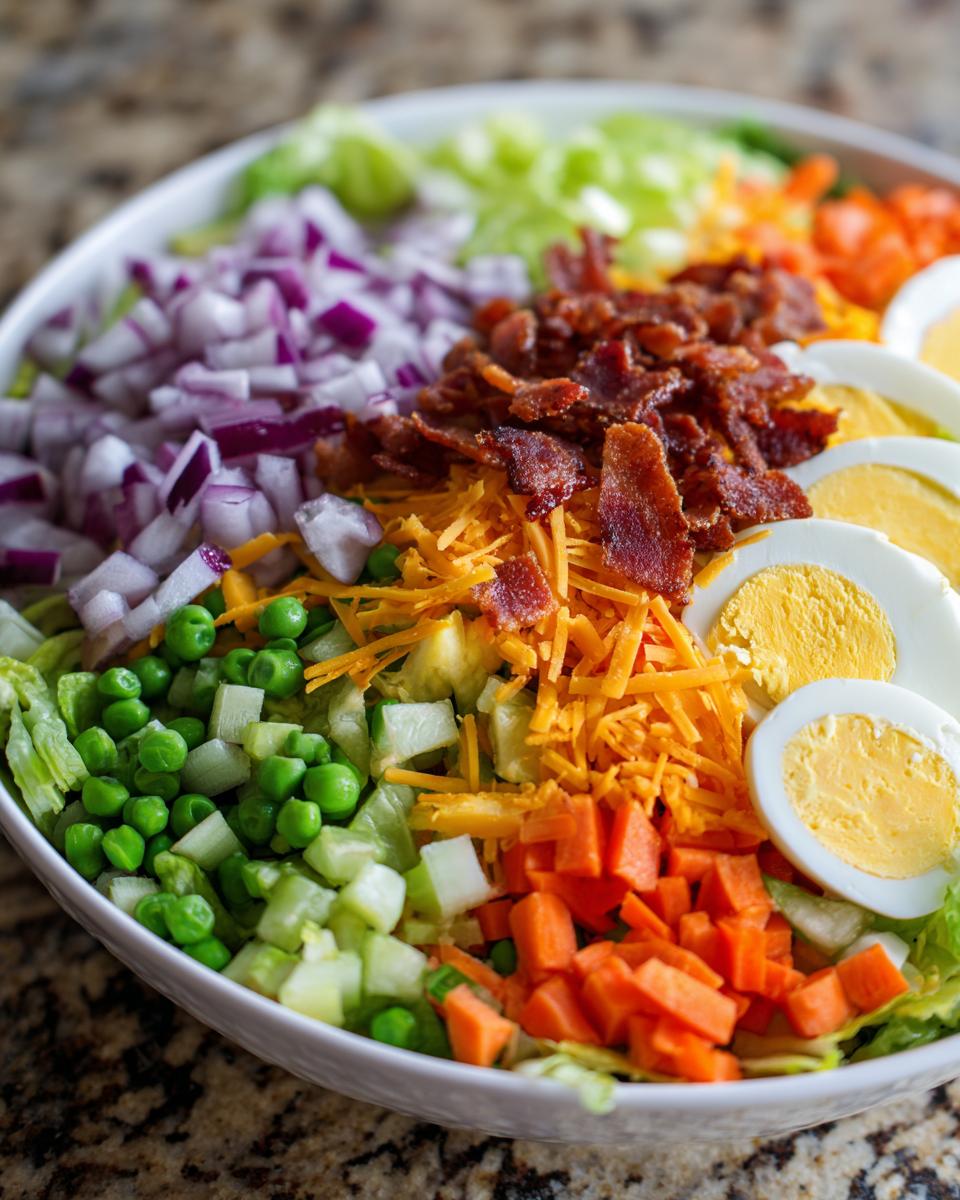 Close-up of the distinct, unmixed layers of ingredients for a seven layer salad, including bacon, cheese, peas, and eggs.