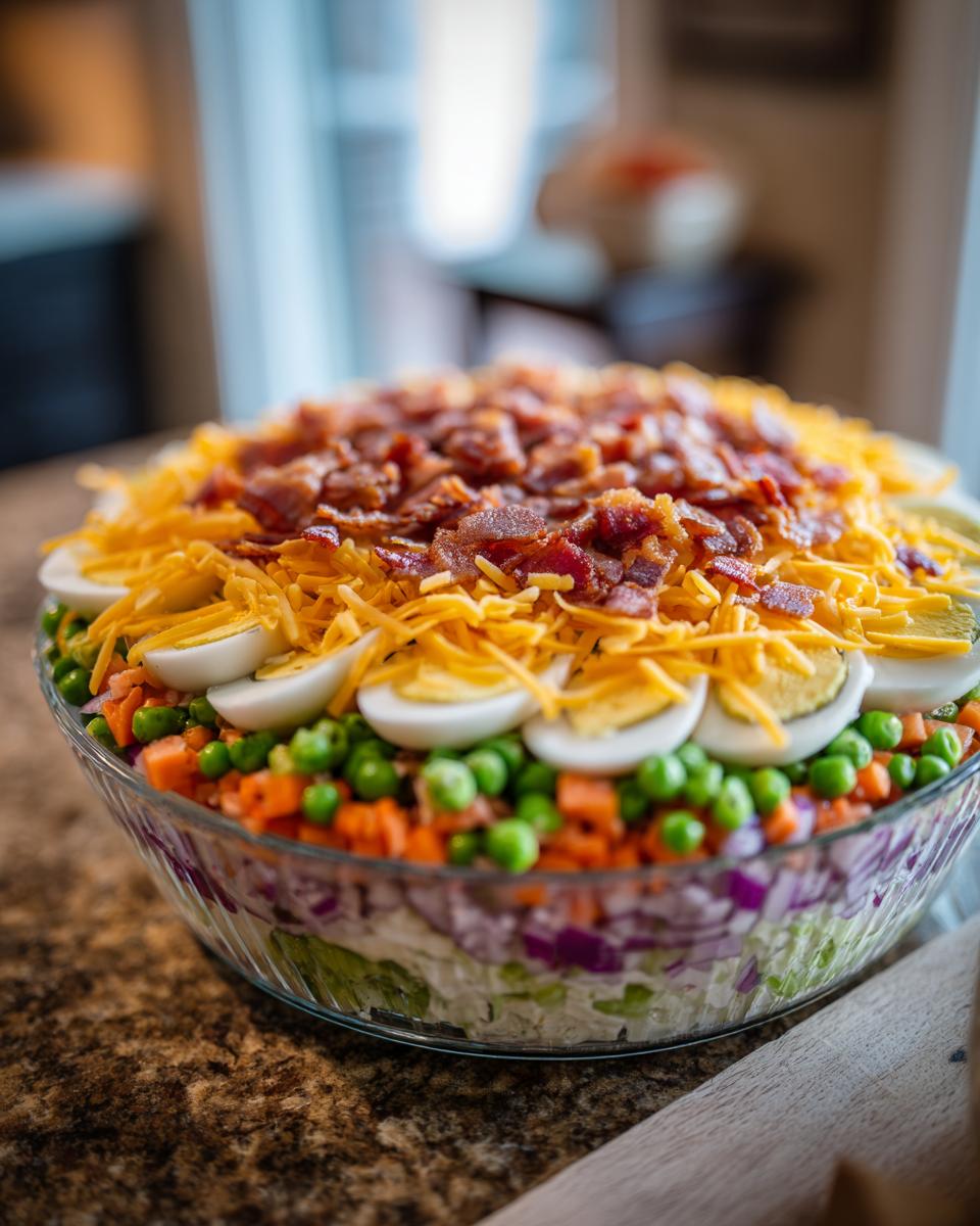 Close-up of a beautifully layered seven layer salad topped with bacon, cheese, and sliced eggs.
