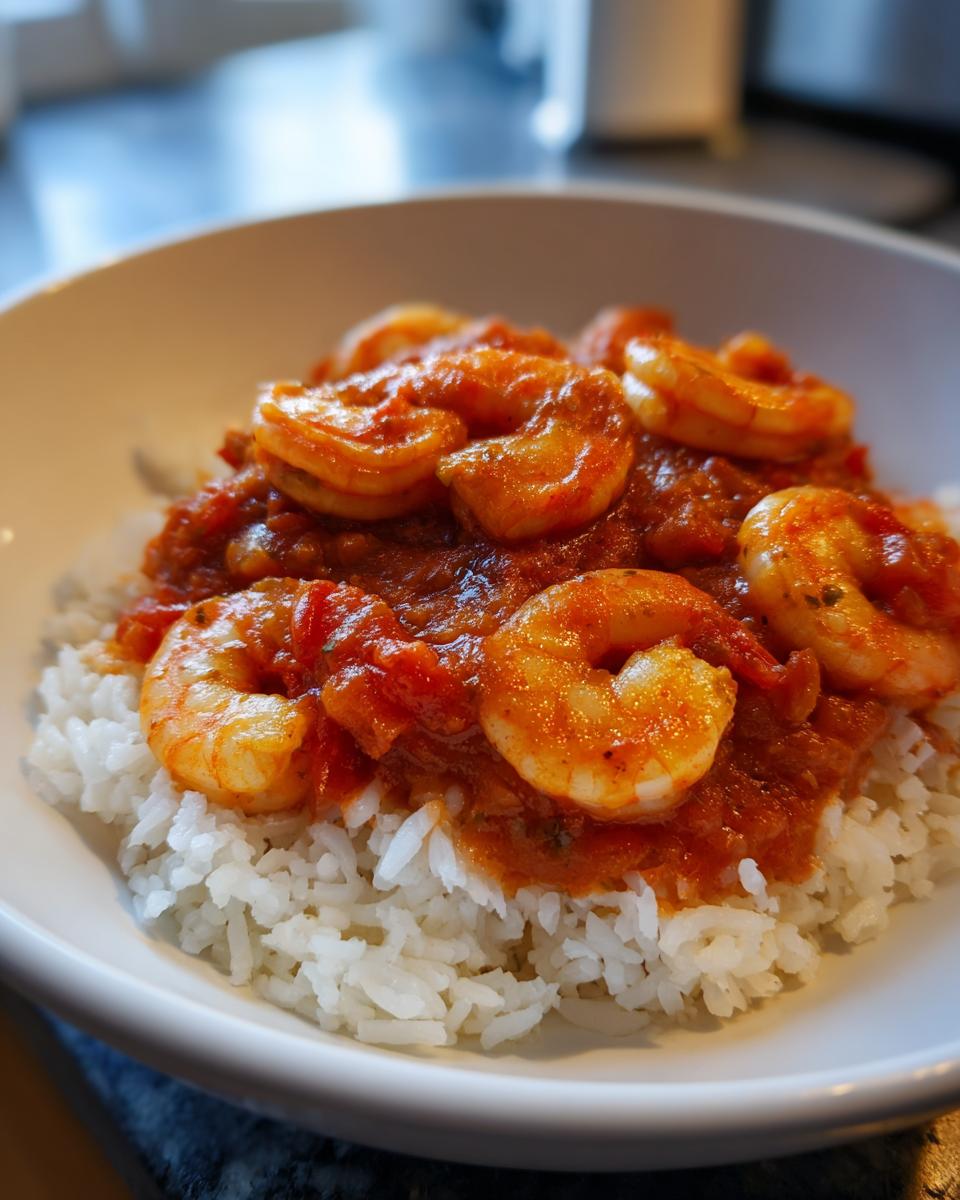 A close-up of flavorful shrimp creole served over a bed of fluffy white rice in a white bowl.