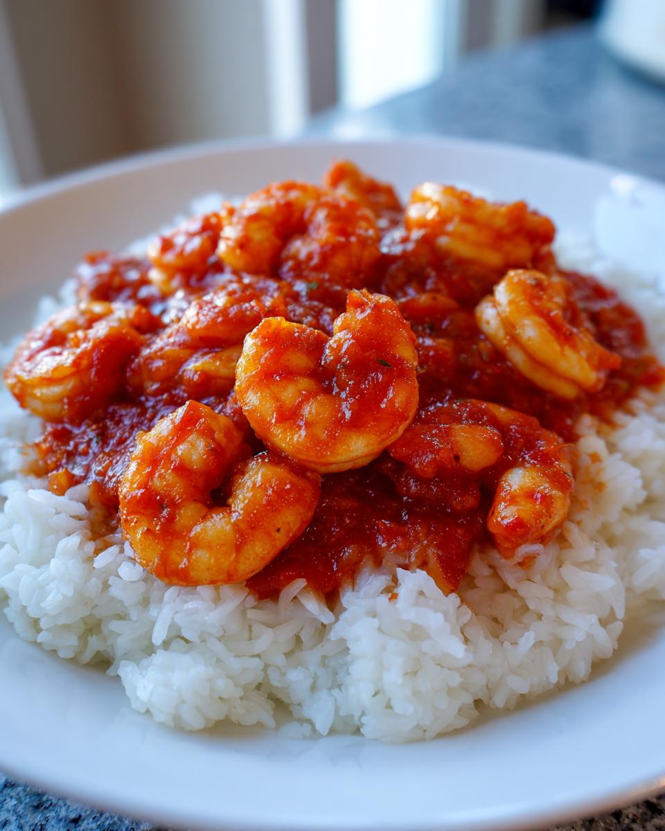 Close-up of vibrant red Shrimp Creole sauce generously spooned over a bed of fluffy white rice.