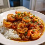 A close-up view of flavorful shrimp creole served over a bed of white rice, garnished with fresh parsley.