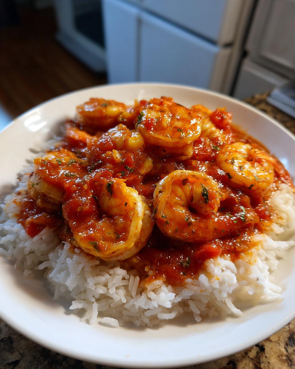 Close-up of a white bowl filled with fluffy white rice topped generously with vibrant, saucy shrimp creole.