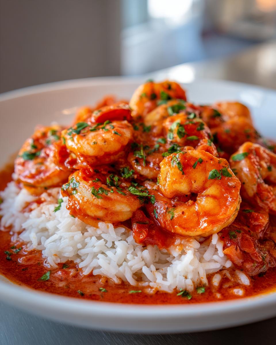 A close-up of vibrant Shrimp Creole featuring plump shrimp in a rich red sauce served over fluffy white rice, garnished with parsley.