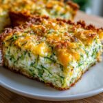 A close-up of a square slice of Addictive Zucchini Casserole featuring shredded zucchini in a creamy filling and a golden, cheesy baked top.
