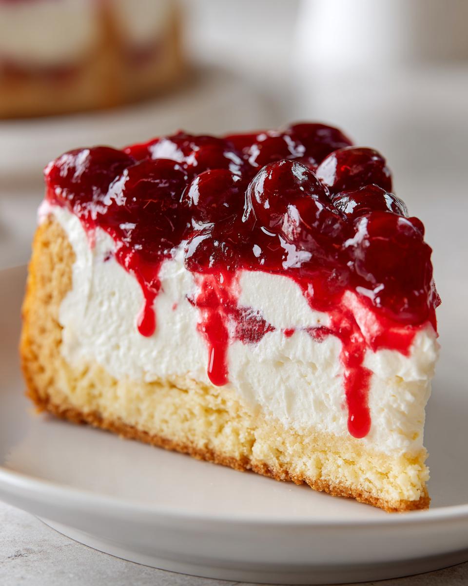 Close-up of a slice of cherry dessert pizza featuring a thick crust, white cream layer, and glossy cherry topping.