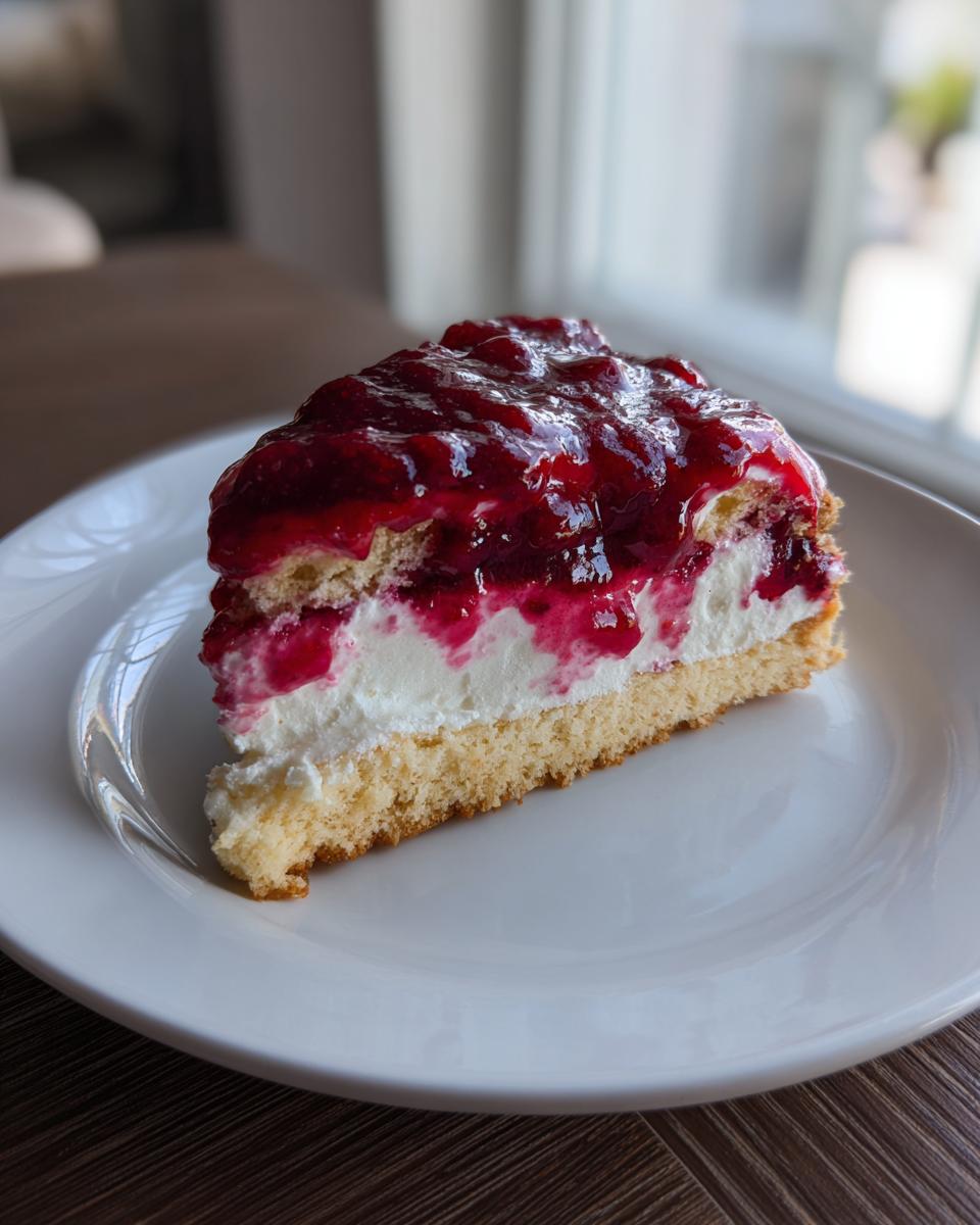 A tempting slice of cherry dessert pizza featuring a cake base, white cream layer, and glossy cherry topping.
