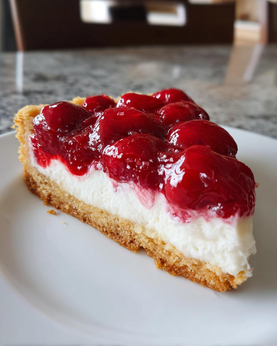 A close-up slice of cherry dessert pizza showing a thick graham cracker crust, white cream layer, and glossy cherry topping.