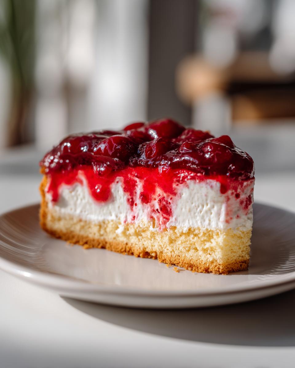 A thick slice of cherry dessert pizza featuring a cake base, white cream layer, and bright red cherry topping.