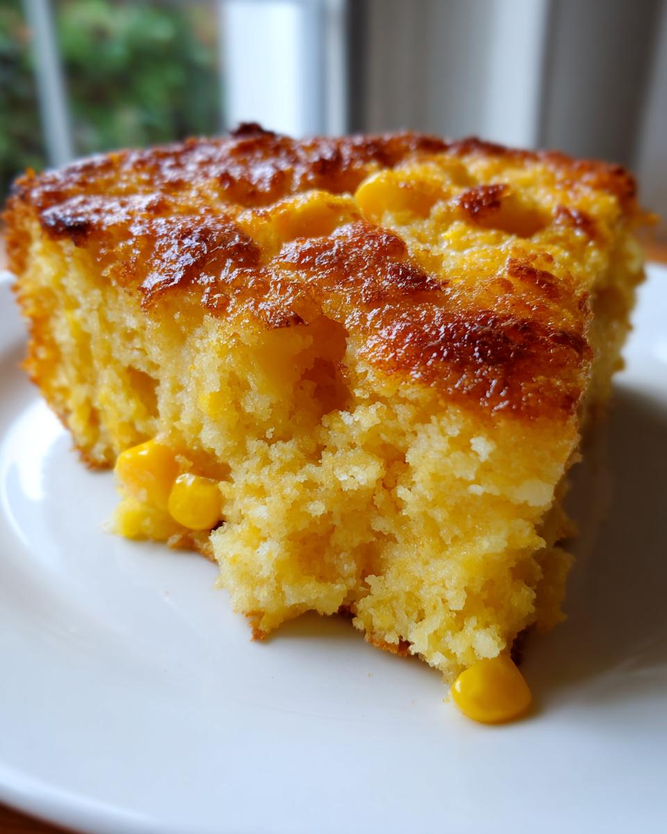 Close-up of a golden brown slice of moist corn casserole recipe on a white plate.