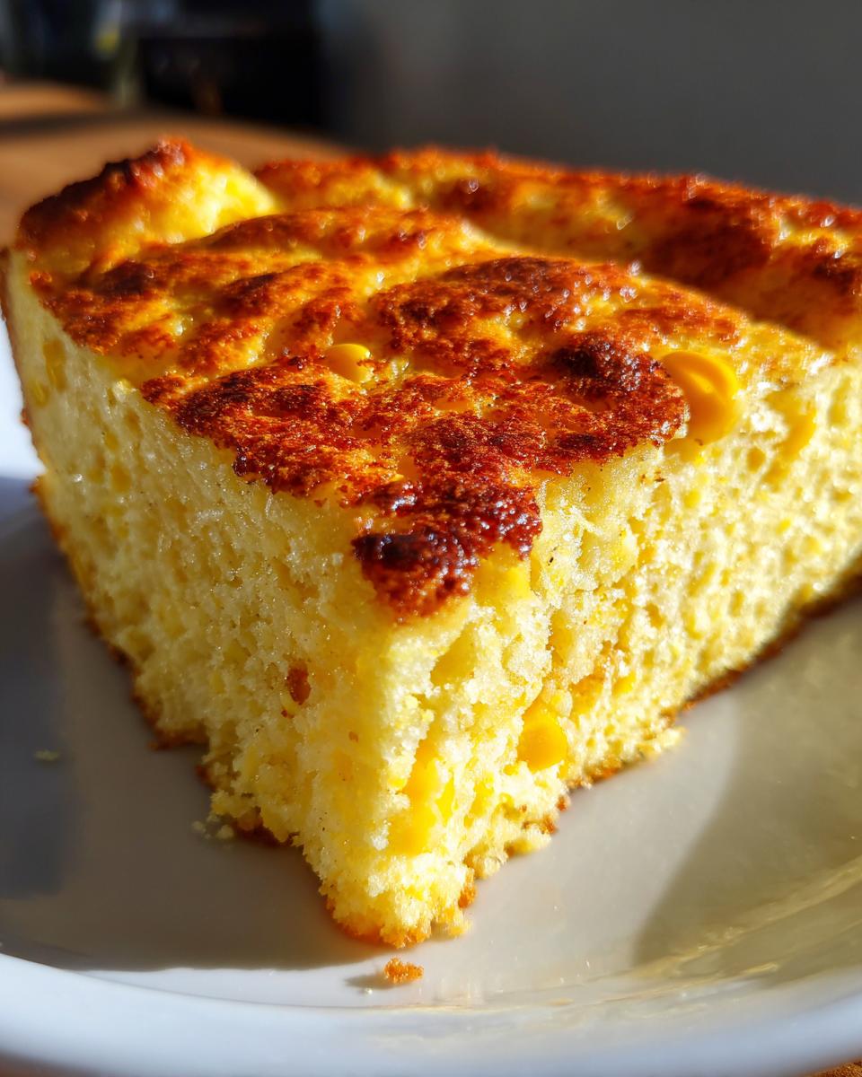 Close-up of a moist, golden slice of corn casserole recipe with a beautifully browned, slightly crispy top.