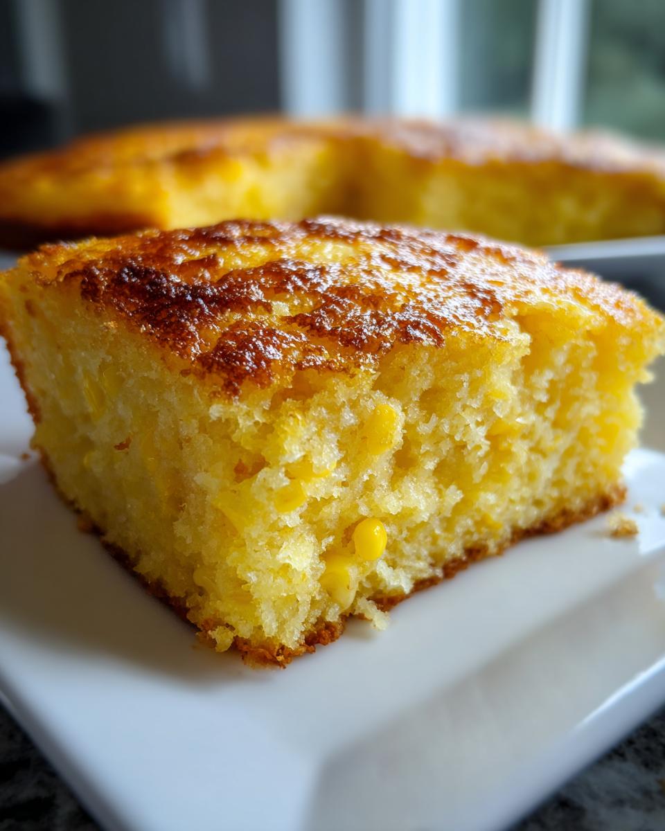 Close-up of a moist, golden slice of corn casserole with visible corn kernels, showing a caramelized top.