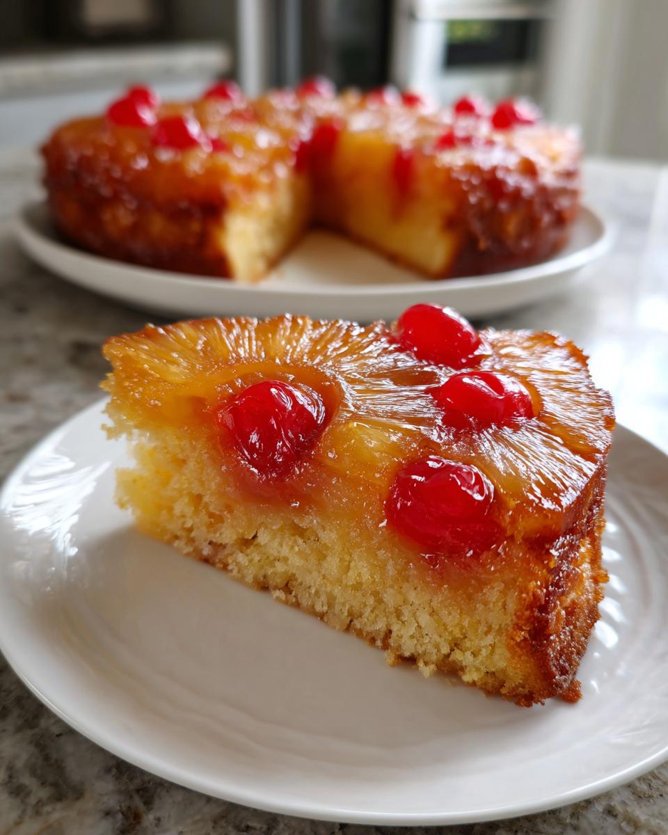 A close-up slice of moist pineapple upside down cake topped with caramelized pineapple and maraschino cherries.