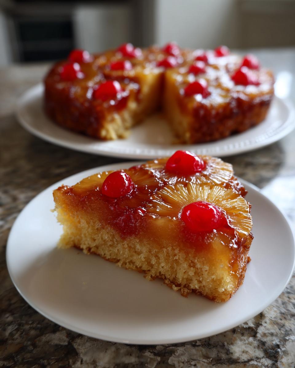A close-up of a slice of moist pineapple upside down cake topped with caramelized pineapple rings and maraschino cherries.