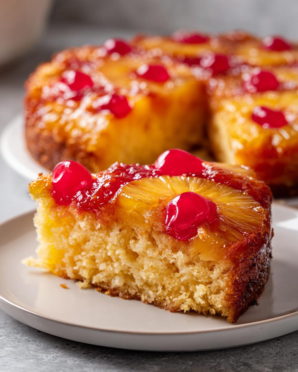 A moist slice of pineapple upside down cake topped with caramelized pineapple and a bright red maraschino cherry.