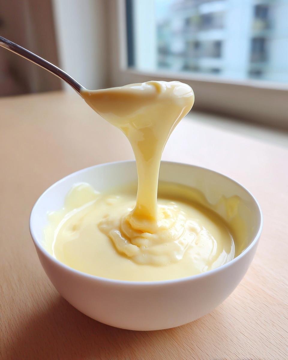 A spoonful of smooth, melted cheese fondue recipe mixture dripping back into a white bowl.