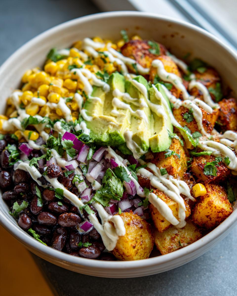 Close-up of a vibrant Southwest potato bowls featuring seasoned potatoes, black beans, corn, avocado, and a white creamy drizzle.