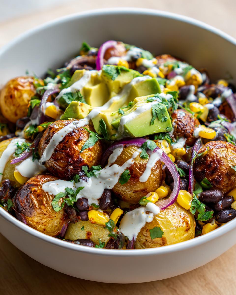 Close-up of roasted potatoes, black beans, corn, and avocado in a bowl of southwest potato bowls.