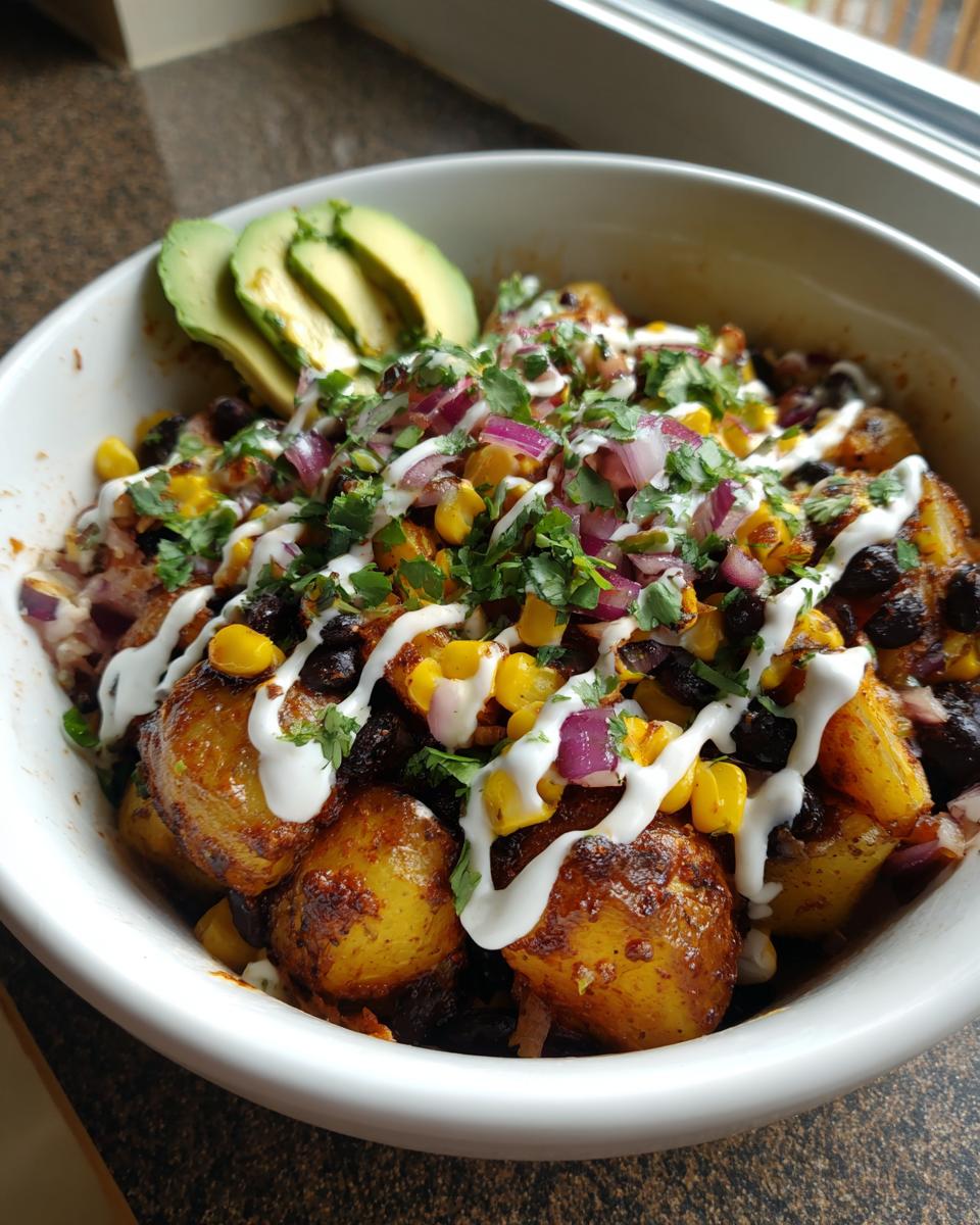 Close-up of seasoned potatoes in a bowl topped with black beans, corn, red onion, cilantro, and crema, making delicious southwest potato bowls.