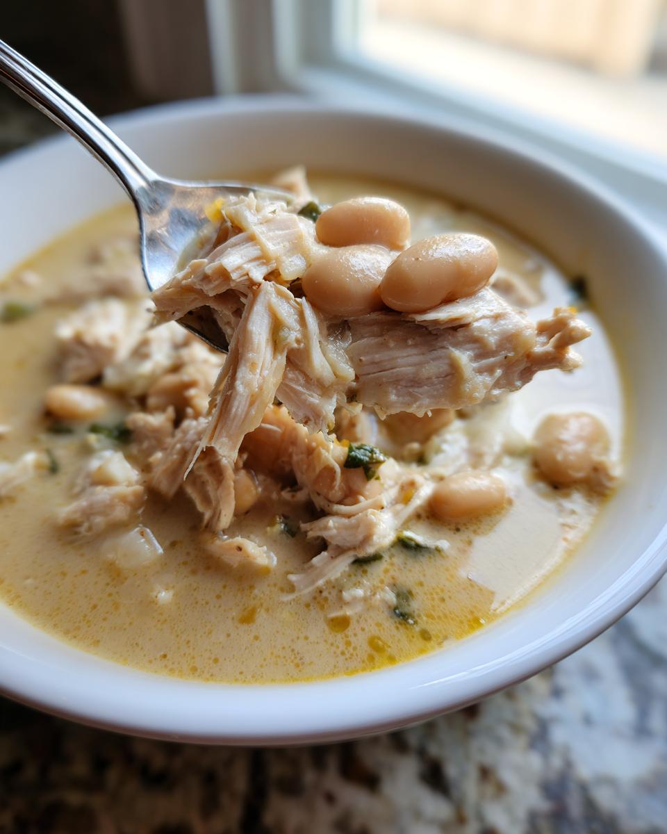 A spoonful lifting shredded chicken and white beans from a bowl of creamy crockpot white chicken chili.