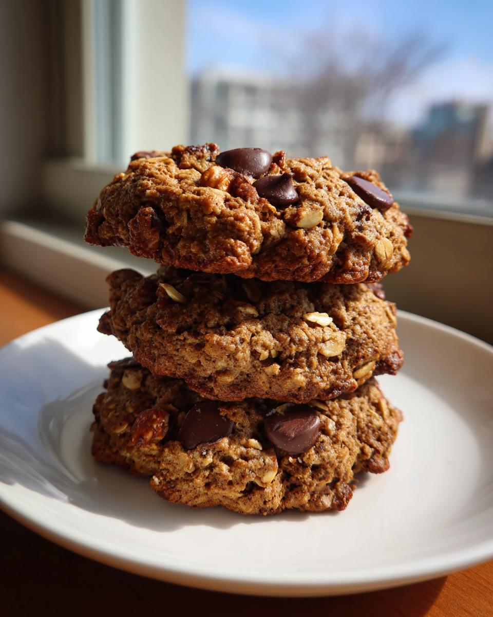 A stack of three thick, chewy cowboy cookies loaded with oats and chocolate chips, sitting on a white plate.