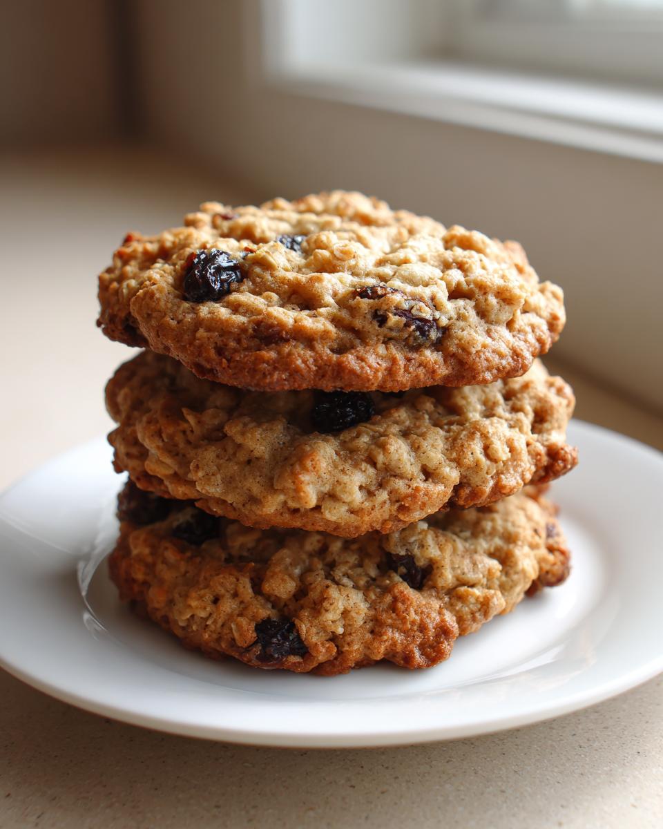 Three freshly baked oatmeal raisin cookies stacked on a small white plate, showing texture and raisins.
