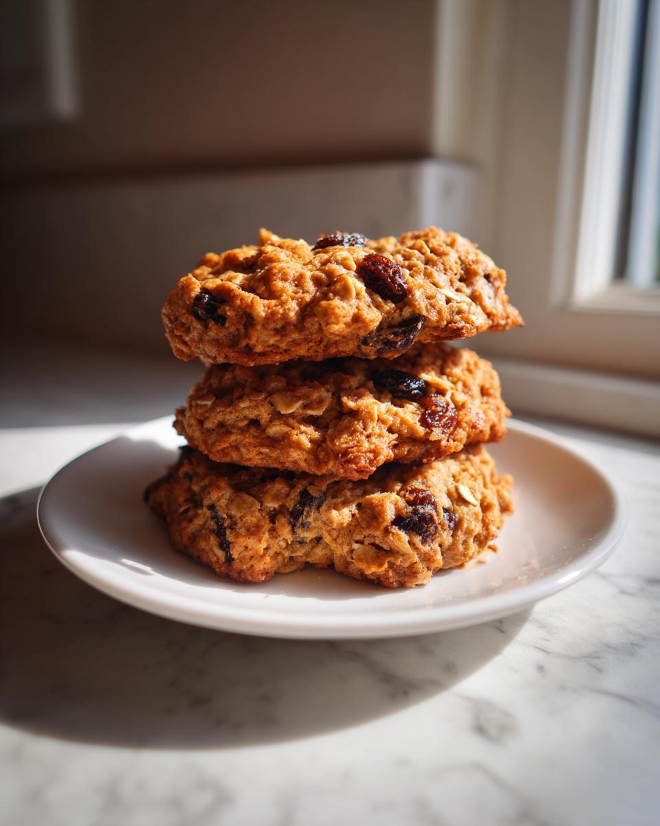Three freshly baked oatmeal raisin cookies stacked on a small white plate near a window.