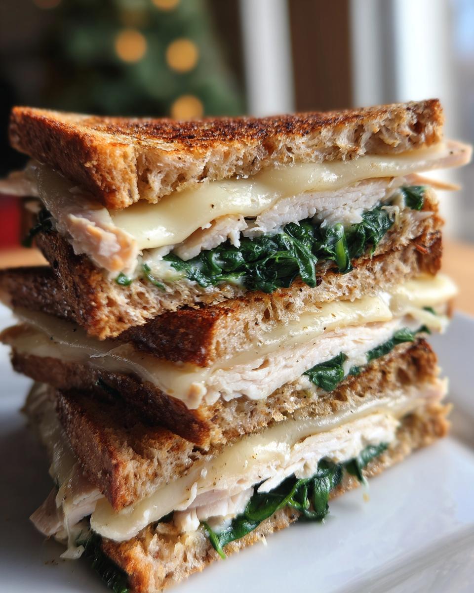 A tall, stacked healthy breakfast sandwich made with toasted whole wheat bread, melted white cheese, sliced turkey, and wilted spinach.