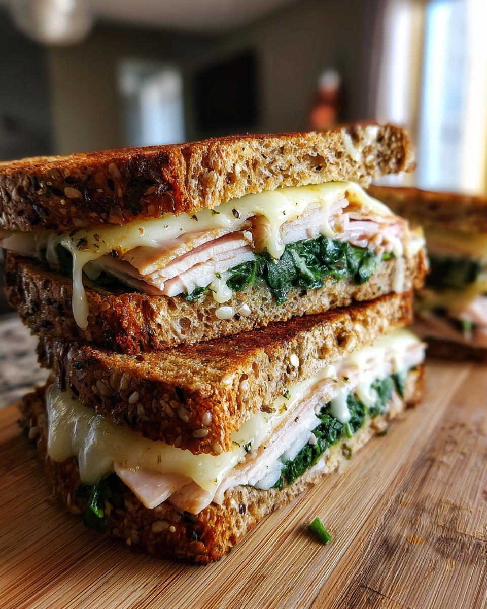Close-up of a stacked healthy breakfast sandwich made with toasted whole-grain bread, melted cheese, turkey slices, and sautéed spinach.
