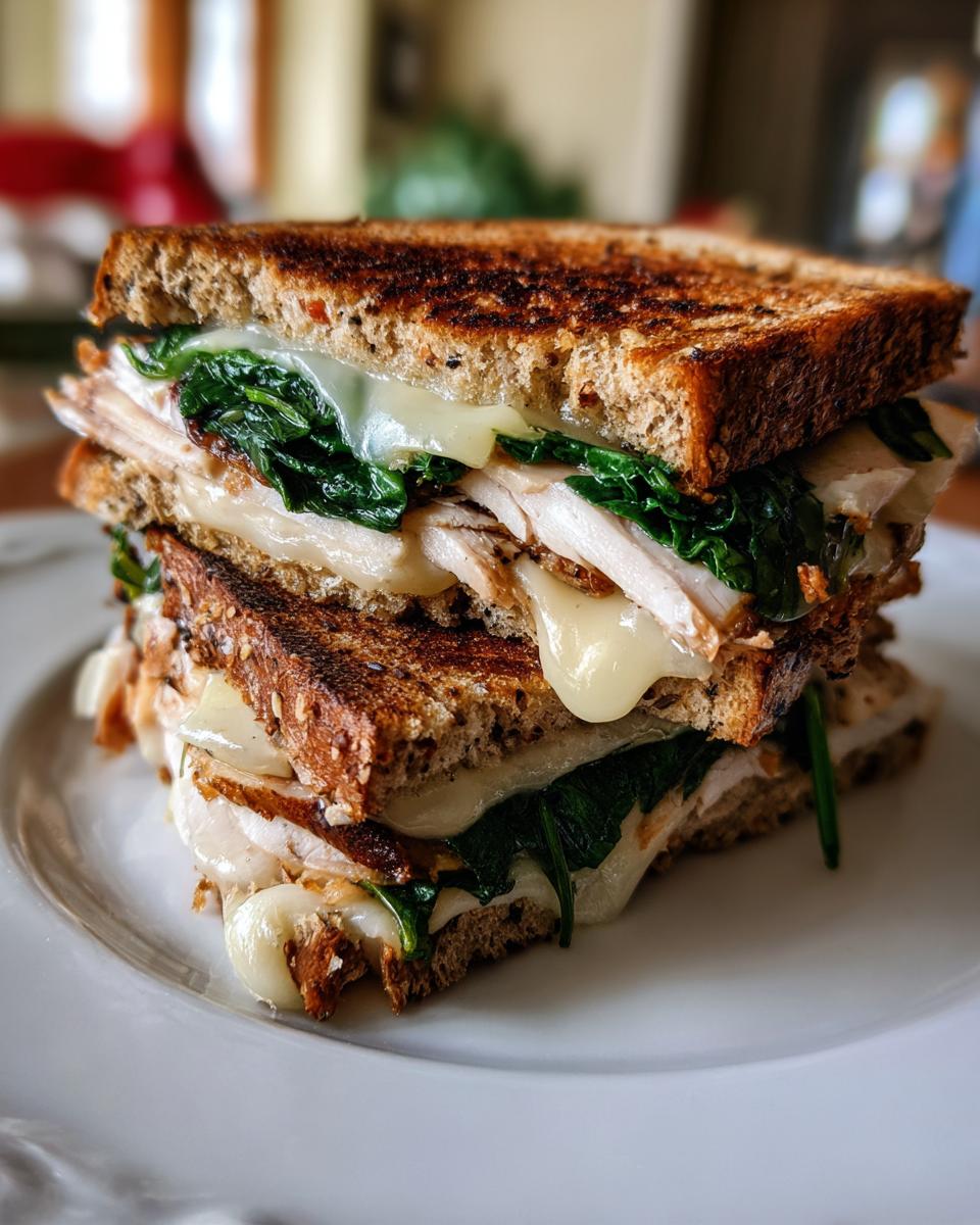 A tall, stacked healthy breakfast sandwich made with toasted whole-grain bread, sliced turkey, melted cheese, and wilted spinach.