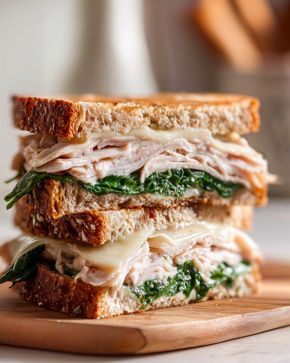 Close-up of a stacked healthy breakfast sandwich featuring turkey, melted cheese, and wilted spinach on toasted whole-grain bread.