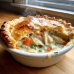 Close-up of a steaming individual chicken pot pie with a broken golden crust revealing creamy filling, chicken, peas, and carrots.