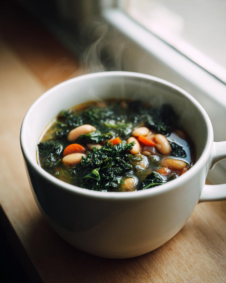 Close-up of hot Easy Tuscan White Bean Soup with kale and beans steaming in a white mug by a window.