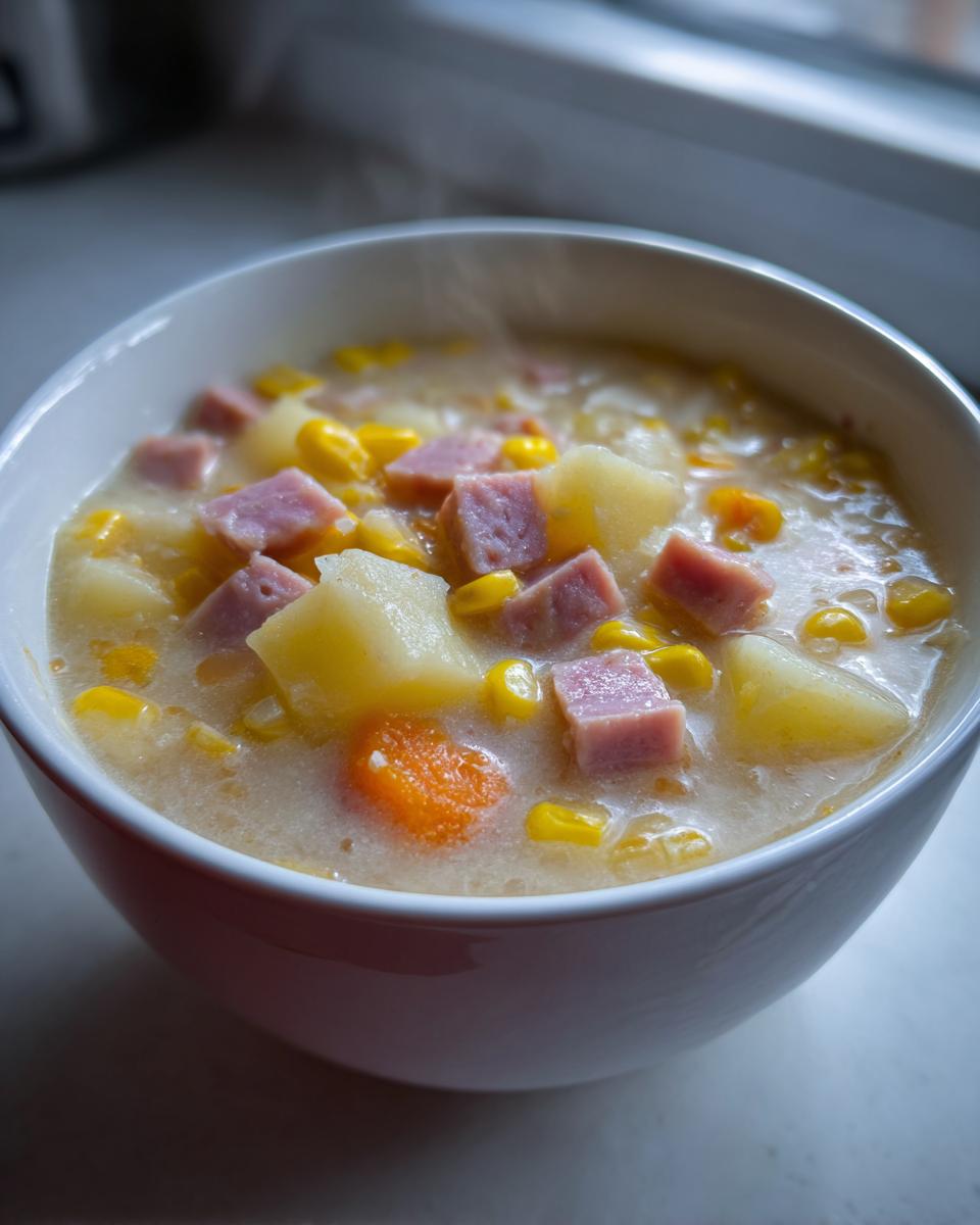 Close-up of a steaming white bowl filled with creamy ham potato corn chowder, featuring diced ham, potatoes, corn, and carrots.