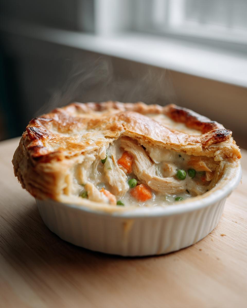 Close-up of a steaming individual chicken pot pie with a golden, flaky crust broken open to show creamy filling, chicken, carrots, and peas.