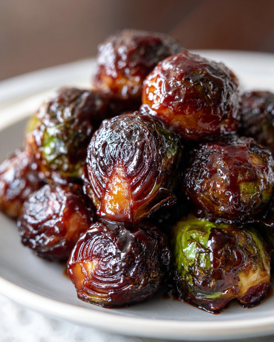 Close-up of roasted Brussels sprouts heavily coated in a dark, shiny Sticky Brussels Sprouts Glaze.
